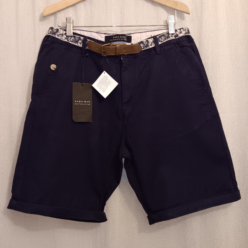 ZARA MAN Navy Textured Weave Bermuda Shorts With Hawaiian Print Belt Mens SZ 32